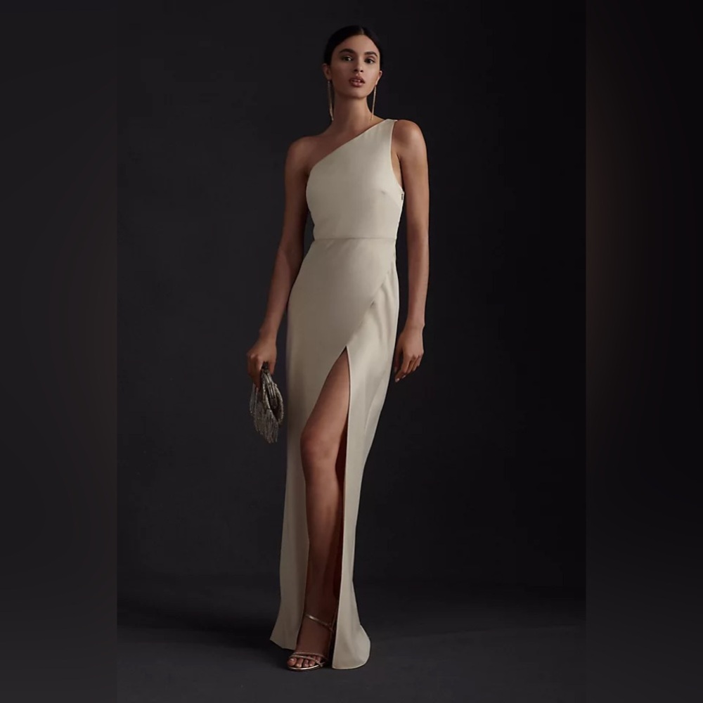 BHLDN Dylan One-Shoulder Satin Side-Slit Gown - Size 6